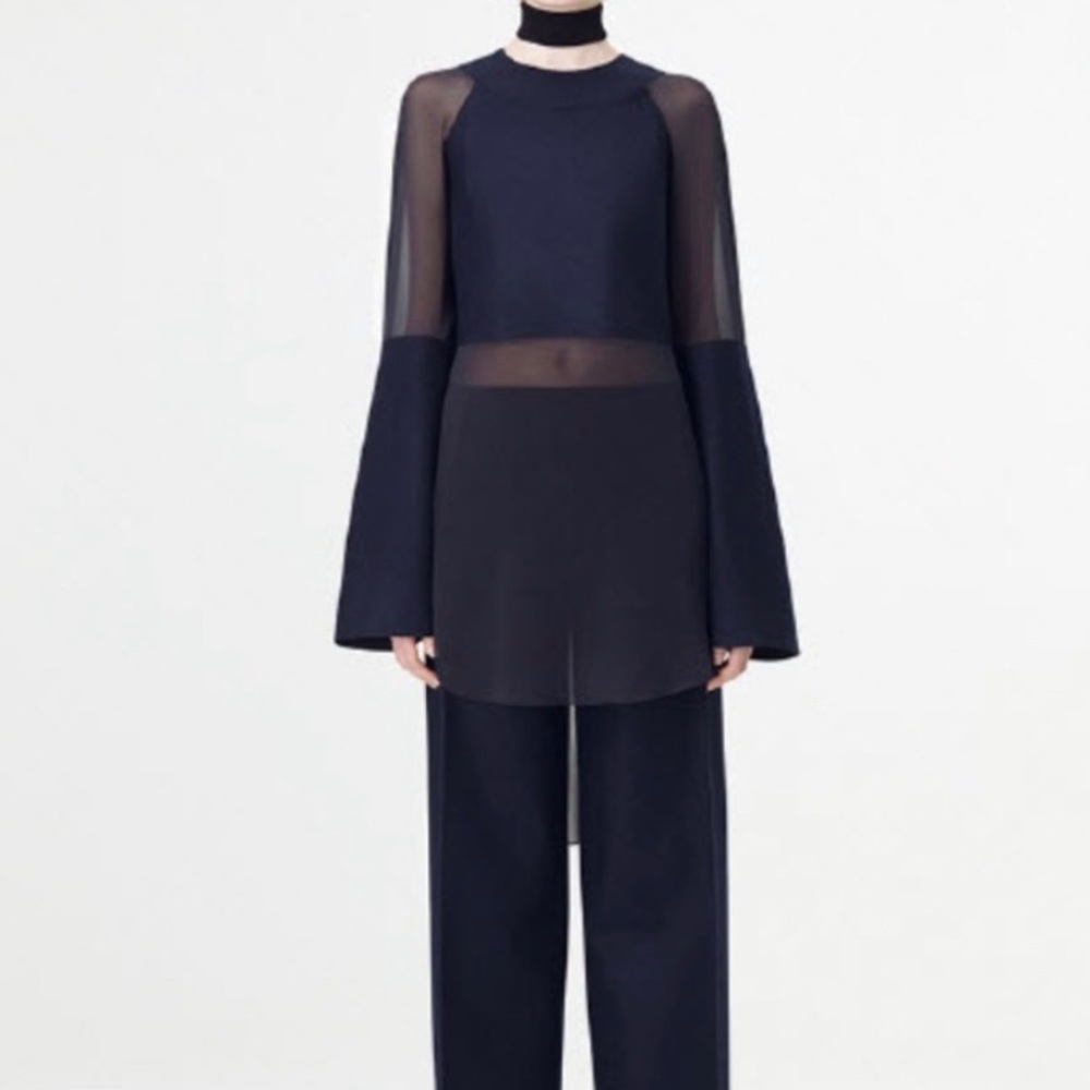 COS Black Navy Sheer Wool Blend Large Patch Long Low High Tunic Top Sz 8.